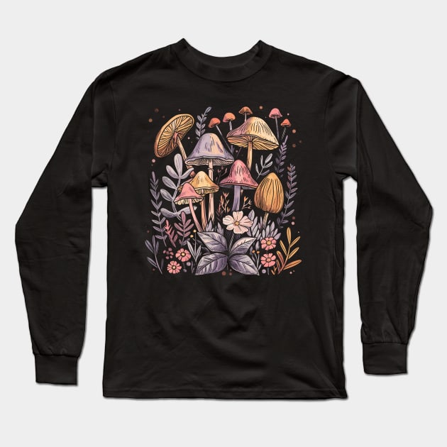 Botanical Cute Mushrooms And Flowers Garden Mycology Long Sleeve T-Shirt by RetroZin